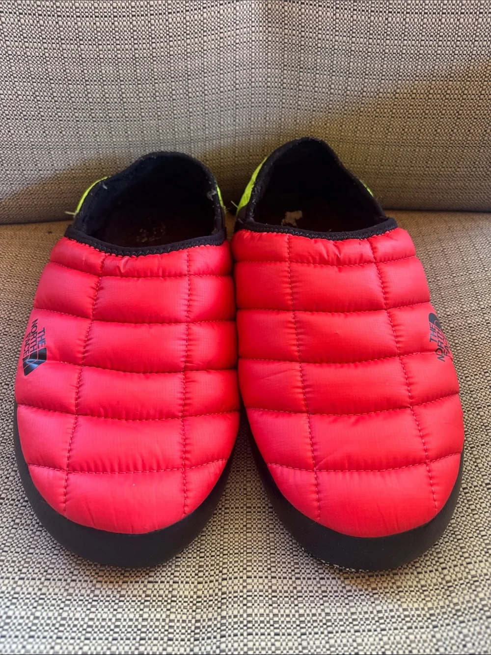 The North Face Men’s Quilted Red Slip-On Slippers with Neon Yellow Heel